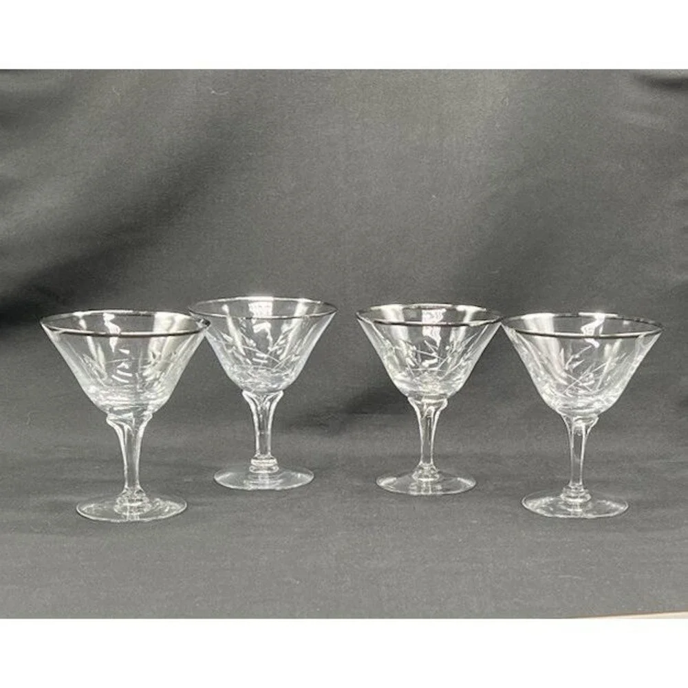 Four Fostoria Bridal Belle Crystal Martini Glasses Platinum‎ Rim Etched Vintage